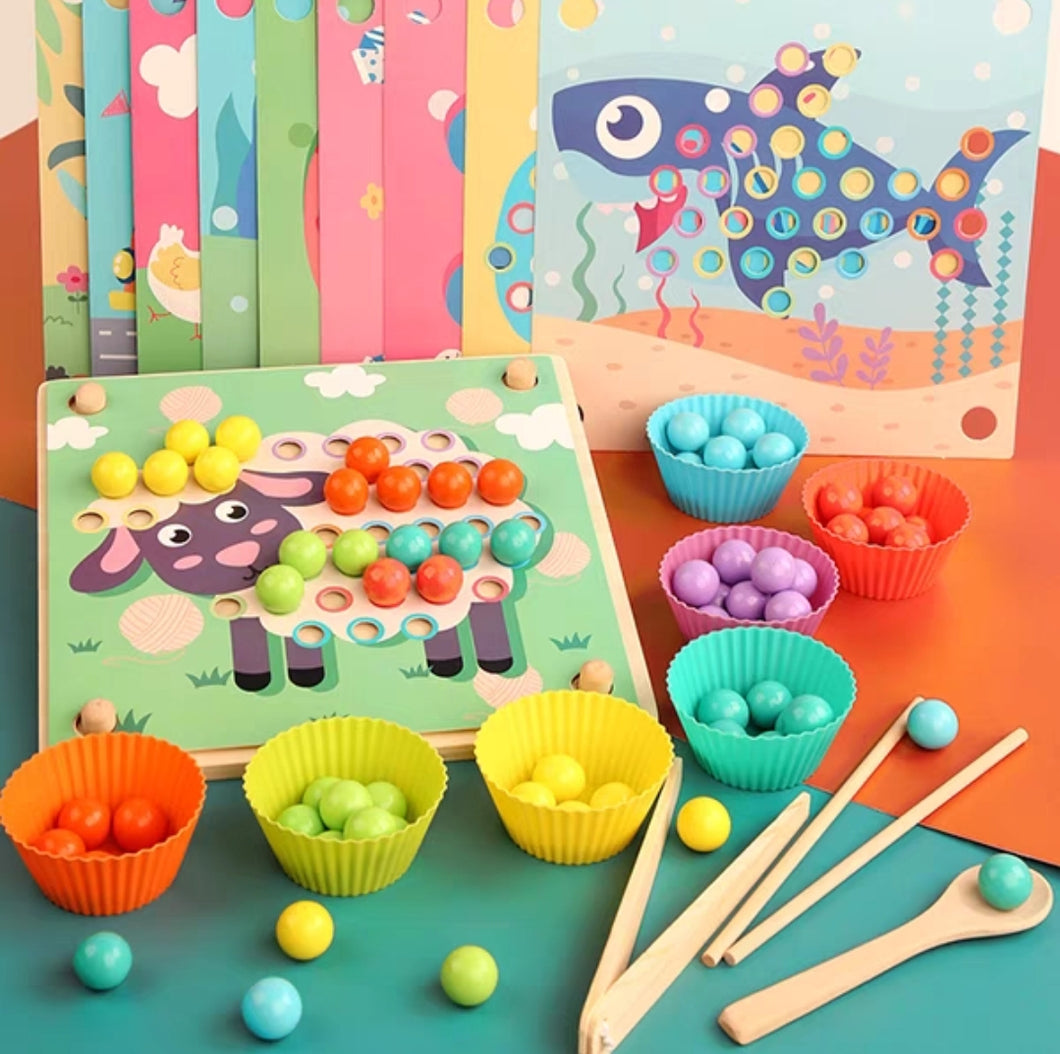 [Ready Stock] Animals Montessori Sorting Rainbow Beads Pick Up Set